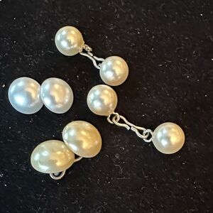 Vintage Faux Pearl Shirt Studs – Silvertone 2‑Pair Lot